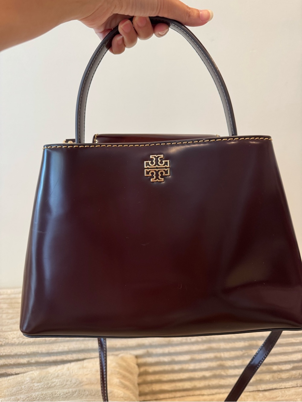 Tory Burch Deep Burgundy Leather Top-Handle Satchel with Gold Logo